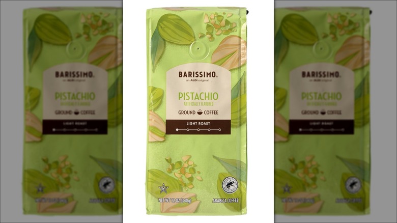 A bag of ground coffee in pistachio flavor.