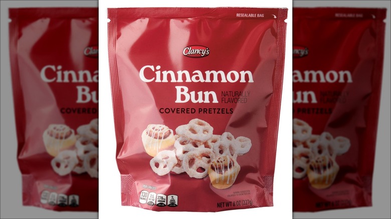 Bag of cinnamon bun flavored covered pretzels.