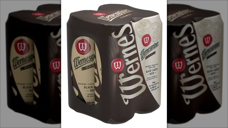 A 4-pack of black lager beer in cans.