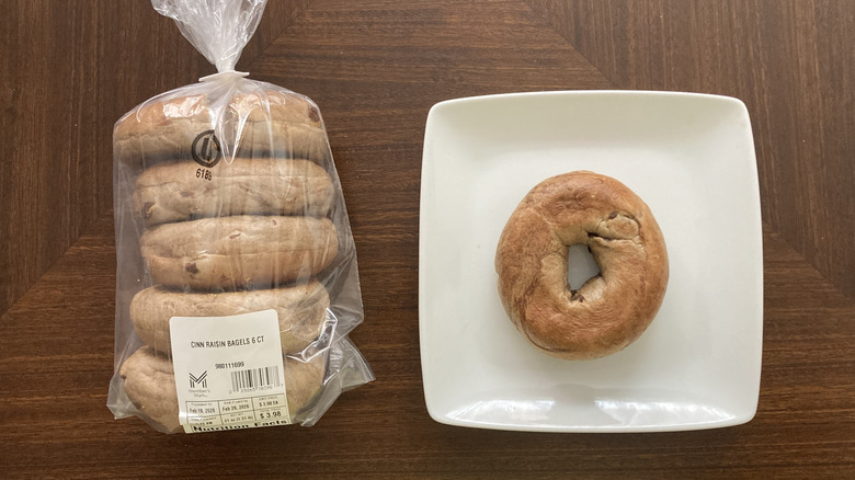 Sam's Club cinnamon raising bagels in a bag and one on a plate
