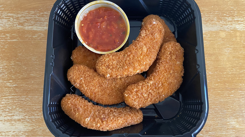 take-out container of Bloomerangs with marinara sauce cup