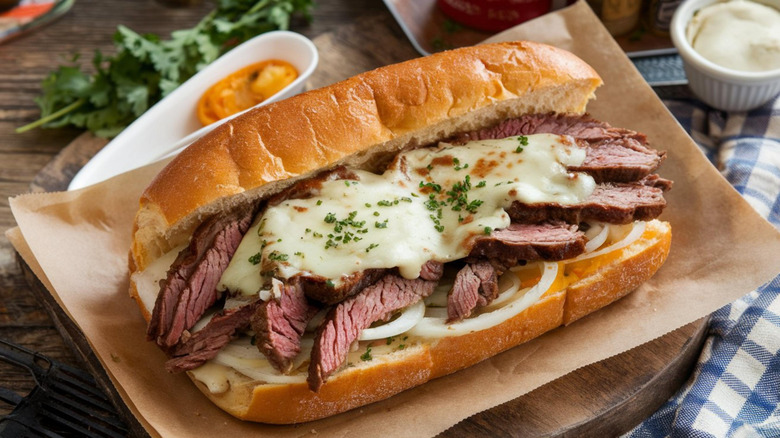 Cheesesteak sandwich on brown paper