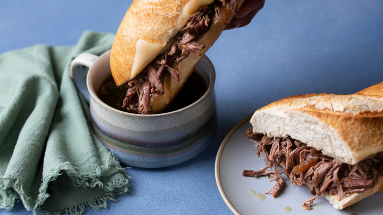 Close-up of a French dip sandwich