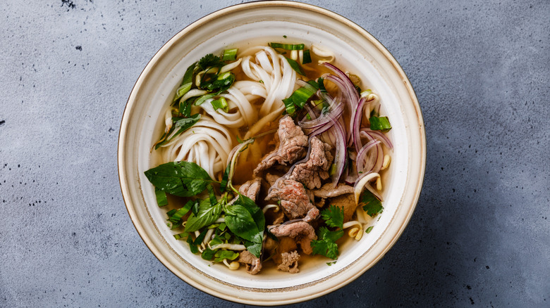 Bowl of pho on a plain background