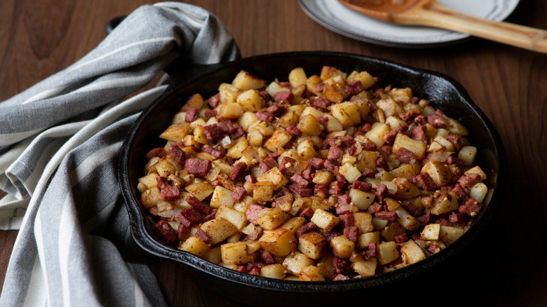 Potato hash in a cast-iron skillet