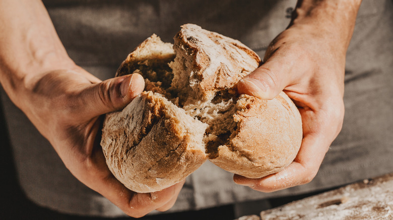 A person's hands breaking open a loaf of bread