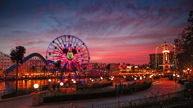 Disney California Adventure Park lit up at dusk