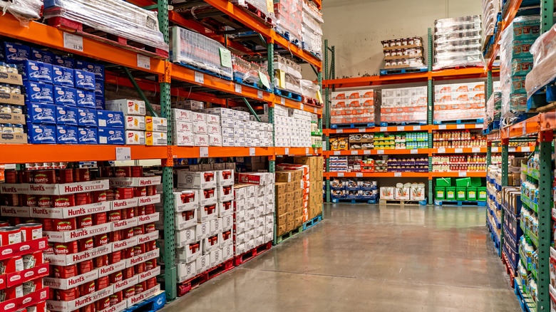 Products line the shelves of a Costco.