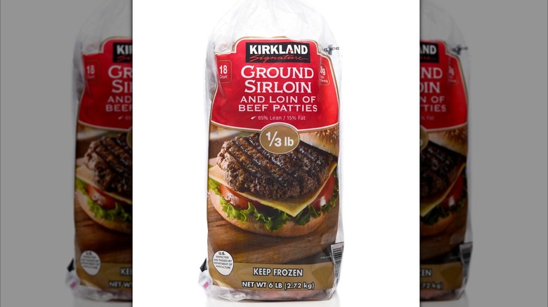 A plastic sleeve contains Kirkland Signature Ground Sirloin and Loin of Beef Patties.