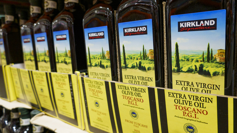 Kirkland Signature Toscano Extra Virgin Olive Oil line the shelves of Costco.