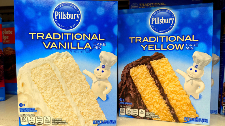 boxes of Pillsbury cake mix on a store shelf