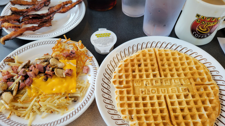 Waffle, hashbrowns, and bacon at Waffle House