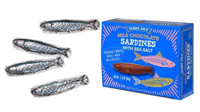 Foil wrapped sardine-shaped chocolates with box.