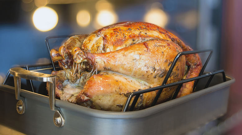 whole roasted turkey in roasting pan