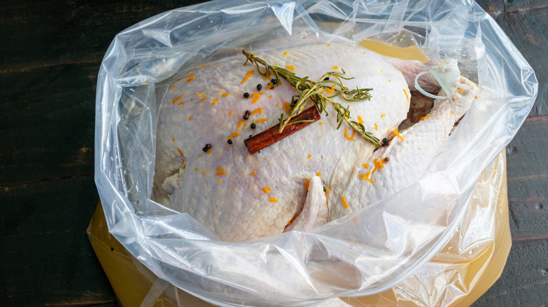 whole turkey in a brining bag with spices
