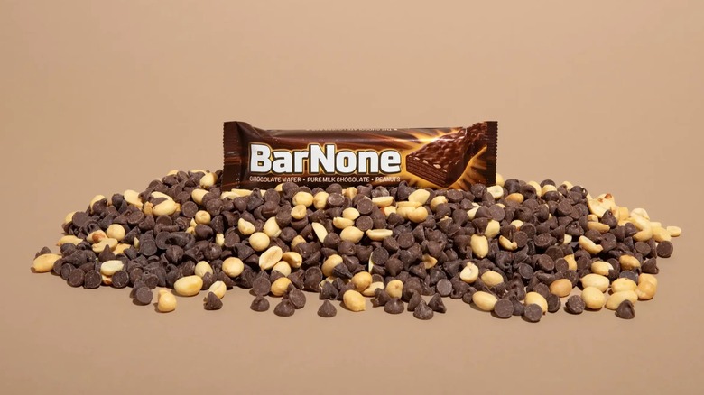 Bar None chocolate wafer bar by Iconic Candy on a pile of chocolate chips