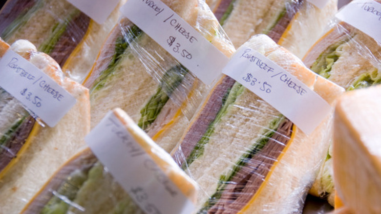 Pre-packaged sandwiches in plastic wrap