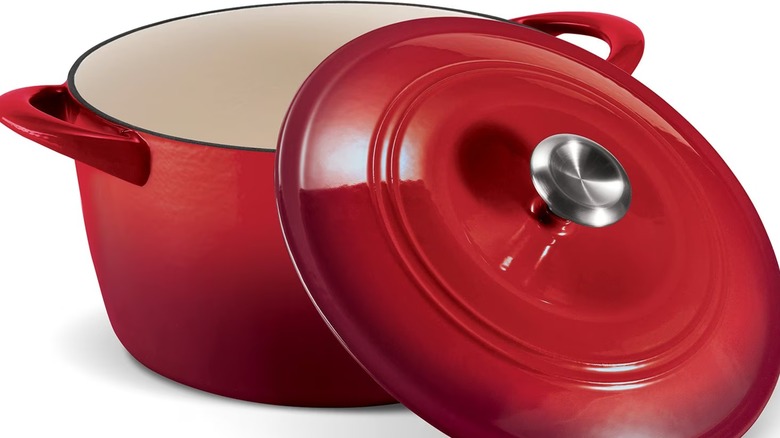 Red enameled dutch oven with lid