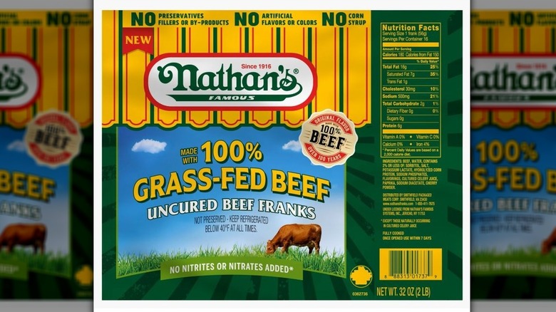 Package of Nathan's Famous 100% grass-fed beef franks with a grazing cow's image on the front