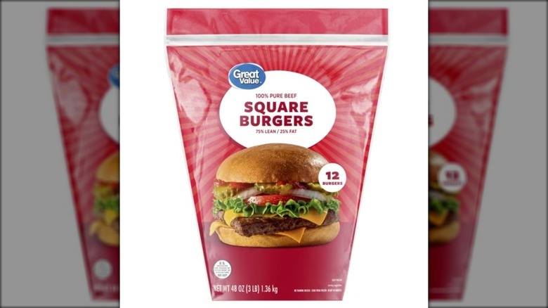 A package of Great Value 100% pure beef square burgers