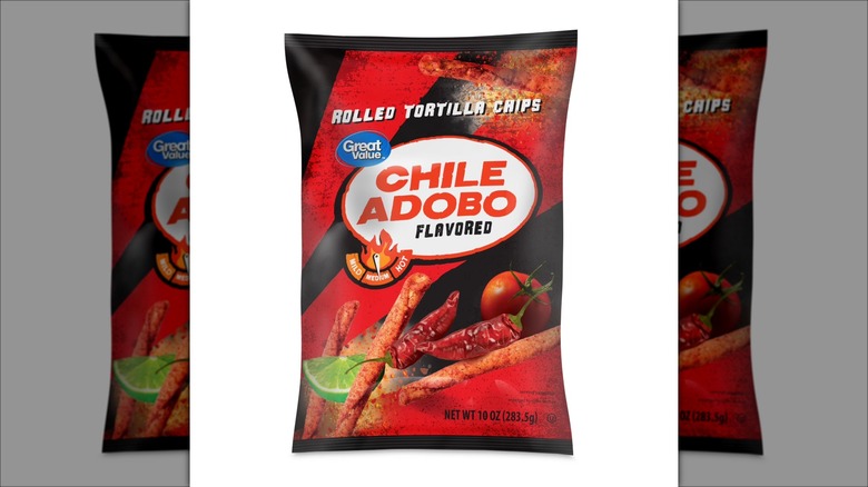 A bag of Great Value chile adobe-flavored rolled tortilla chips