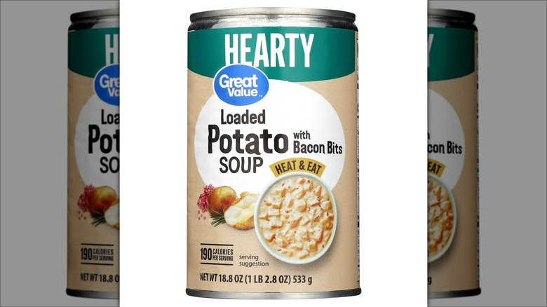 A can of Great Value loaded potato soup with bacon bits