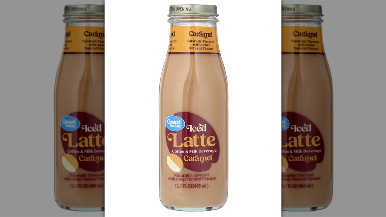 A bottle of Great Value iced latte coffee and milk beverage in caramel