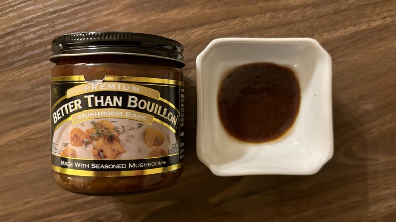 Better Than Bouillon Mushroom Base in a jar and a dollop in a white ramekin