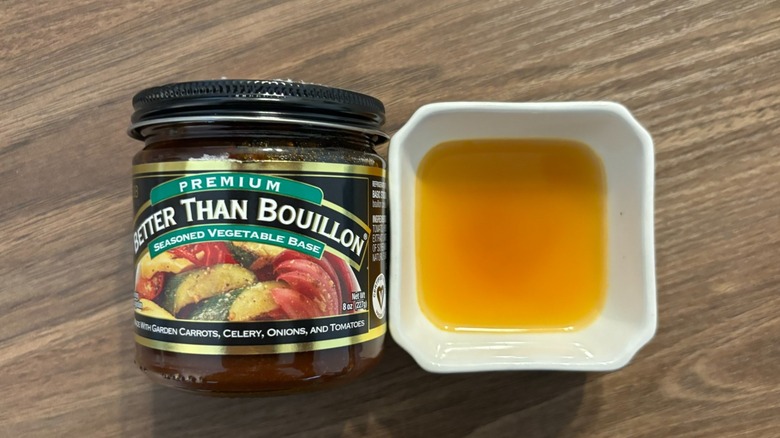 Better Than Bouillon Seasoned Vegetable in a jar and broth in a white ramekin