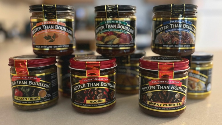 Better Than Bouillon jars stacked on kitchen counter