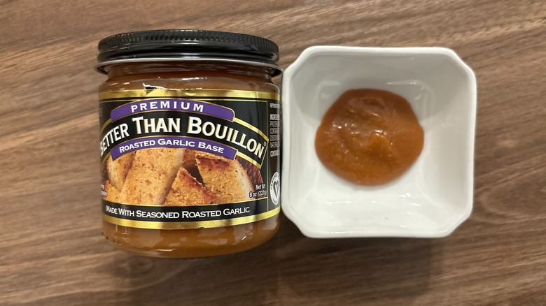 Better Than Bouillon Roasted Garlic jar and base in white ramekin