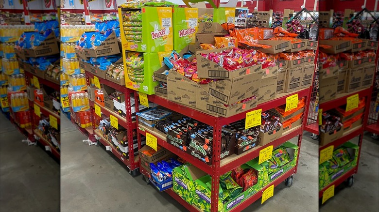 Display with assorted bags on Halloween candy at Ollies discount store.