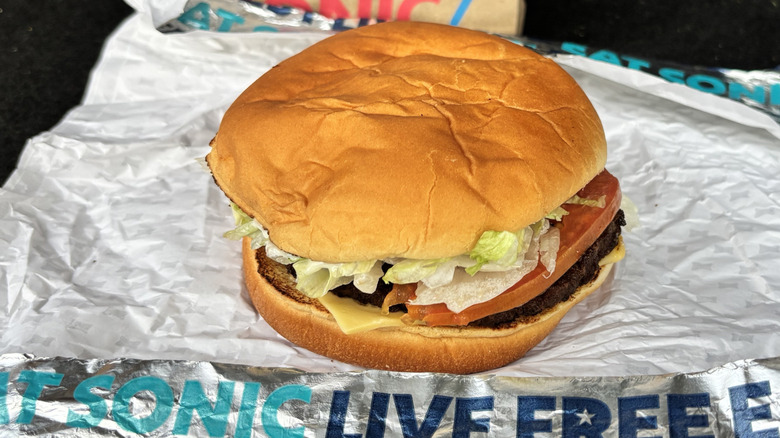 Whole cheeseburger with Sonic wrapper