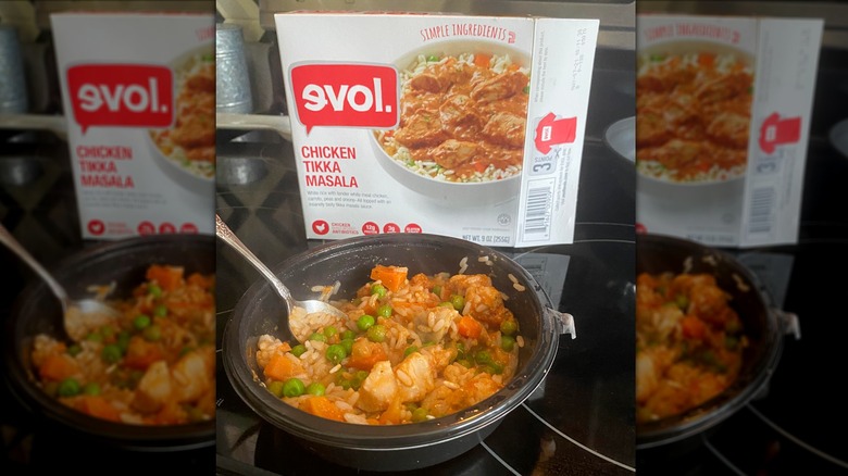 Evol foods chicken tikka masala in a package and in a bowl
