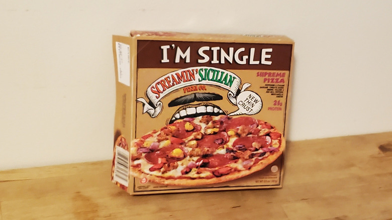 A box of Screamin' Sicilian frozen pizza