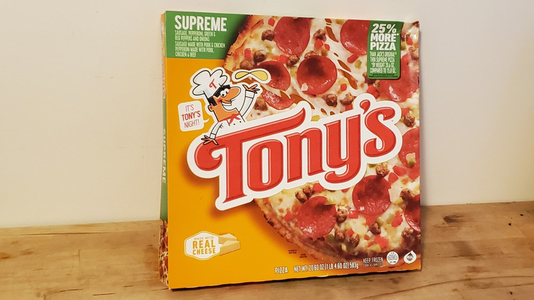 A box of Tony's frozen pizza