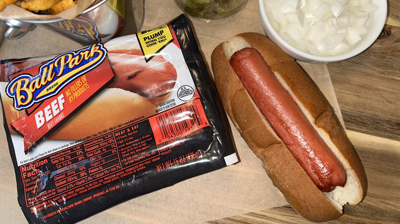 Ballpark hot dog package and hot dog on a bun