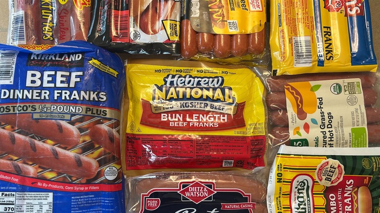 Nine different hot dog brands with Hebrew National in the middle