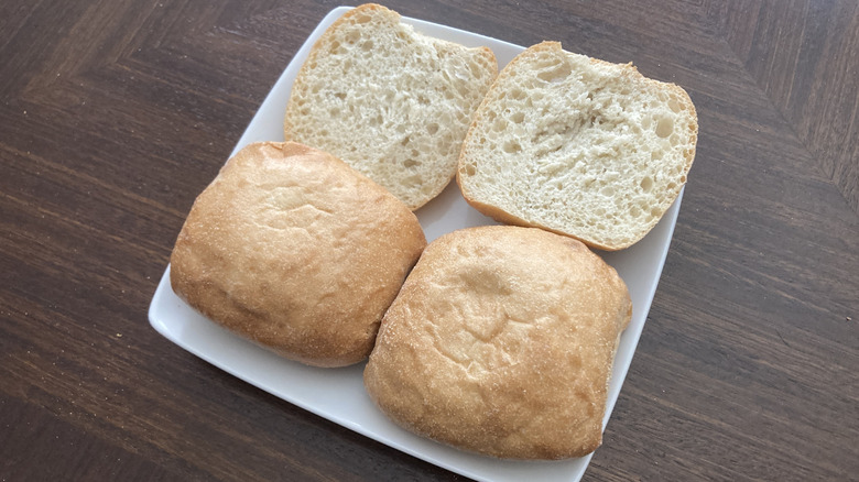 ciabatta rolls from Kroger bakery split down middle on plate