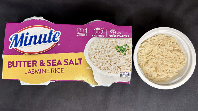 Bowl of rice next to Minute Butter and Sea Salt Jasmine Rice package