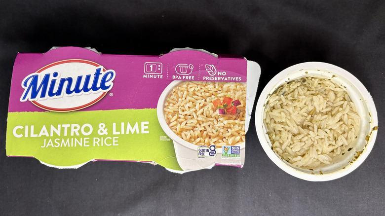 Bowl of rice next to Minute Cilantro and Lime Jasmine Rice package