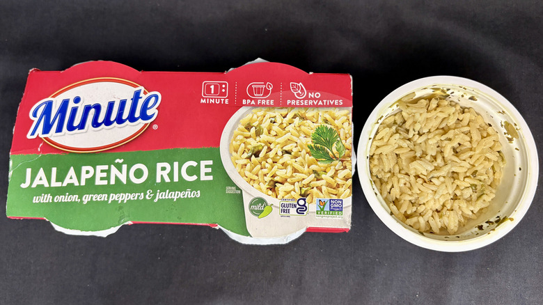 Bowl of rice next to Minute Jalapeno Rice package