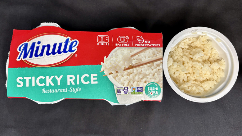 Bowl of rice next to Minute Sticky Rice package
