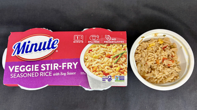 Bowl of rice next to Minute Veggie Stir-Fry Rice package