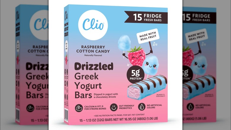 Pack of Greek yogurt bars in a raspberry cotton candy flavor.