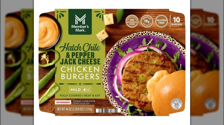 Package of chicken burgers with pepper jack cheese and hatch chiles.