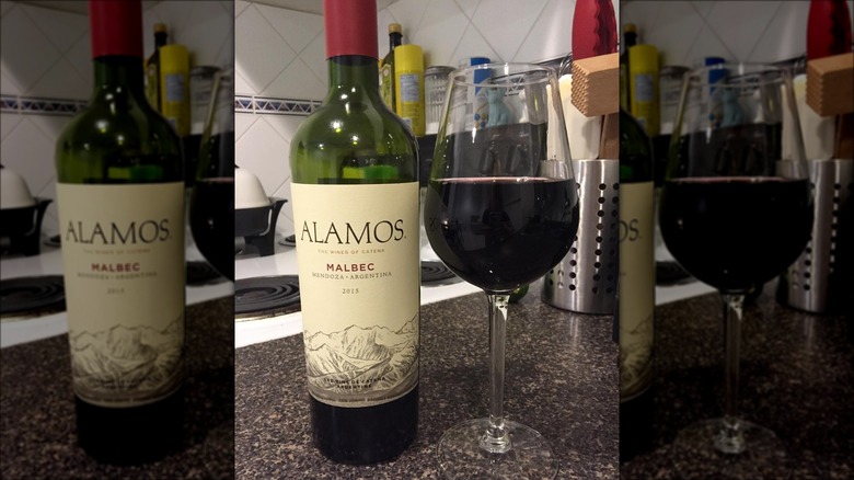 A bottle of Alamos Malbec sits on a kitchen counter next to a glass of red wine