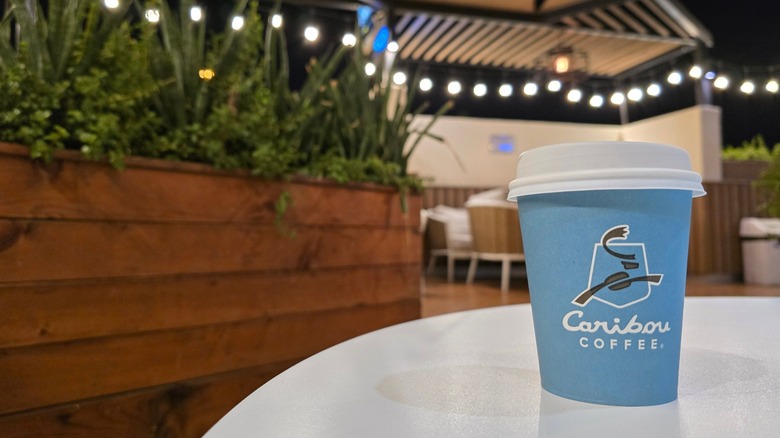 Caribou Coffee paper cup with lid on table at coffee shop