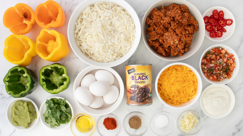 bell peppers, eggs, cheese, ground meat, beans, and seasonings
