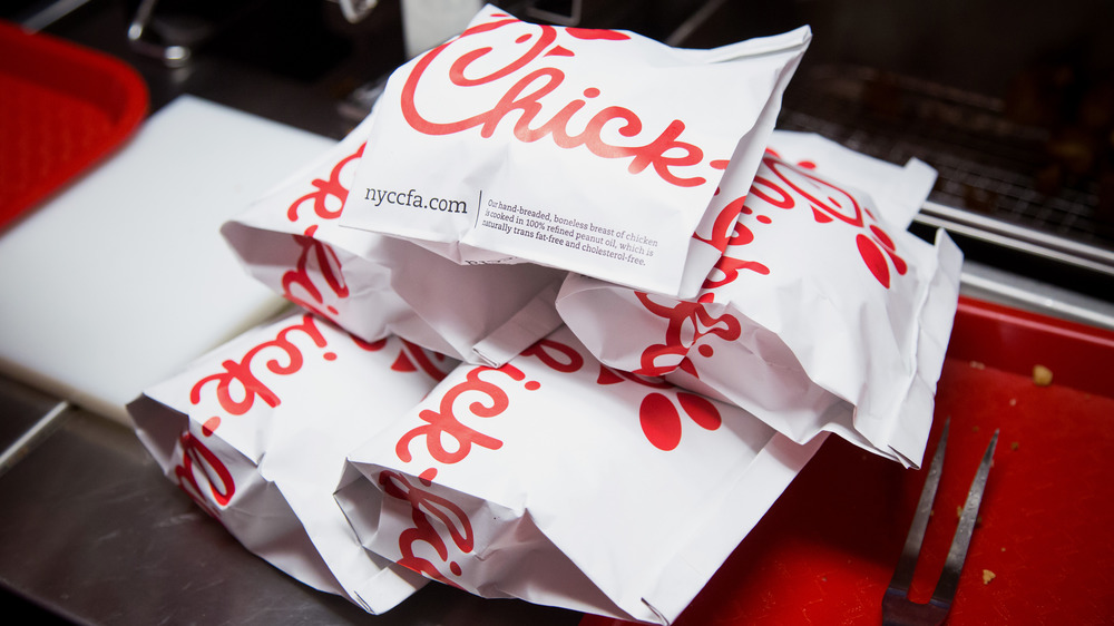 Pile of Chick-fil-A chicken sandwiches
